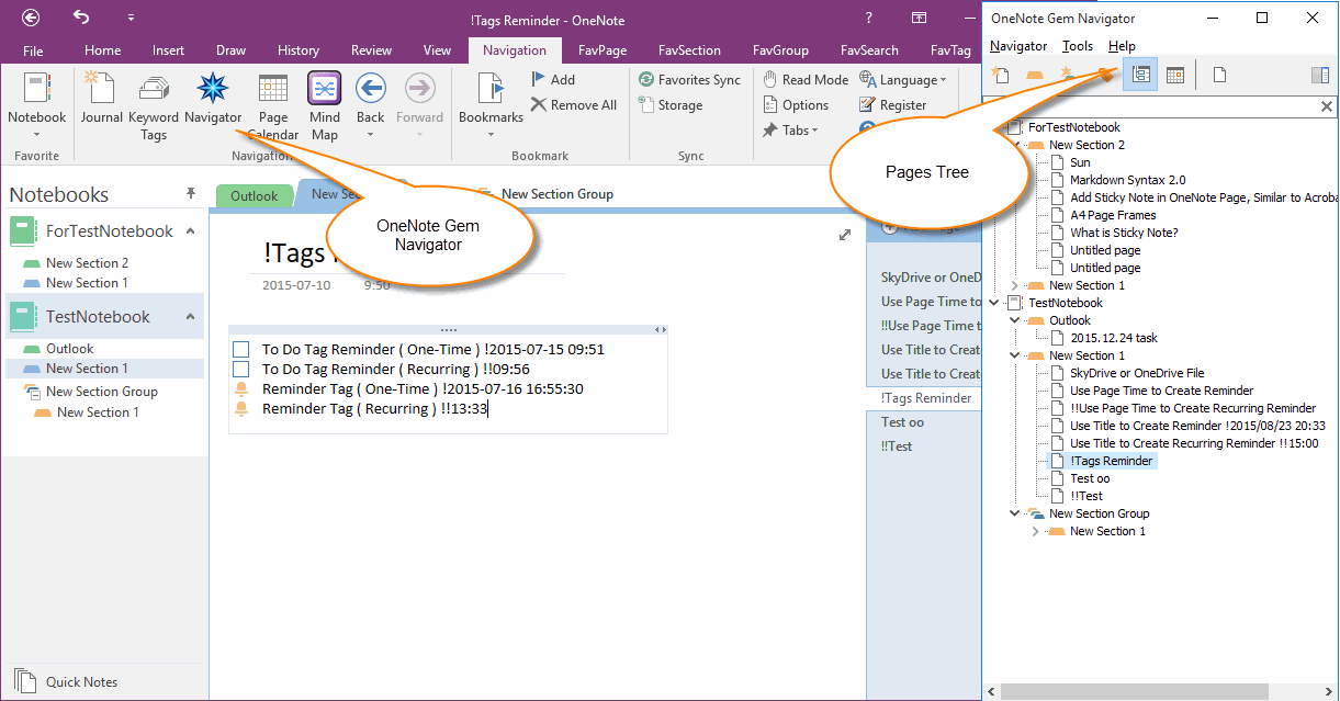 onenote show sections on left